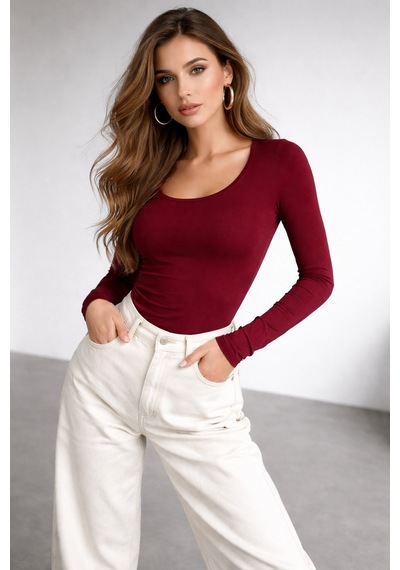 Wild Bee Kadın Bordo U Yaka Esnek Uzun Kollu Pamuklu Bluz