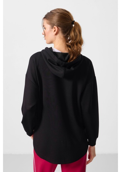 Tommylıfe Siyah Yumuşak Dokulu Kapüşonlu Oversize Kadın Tunik Sweatshirt - 97302