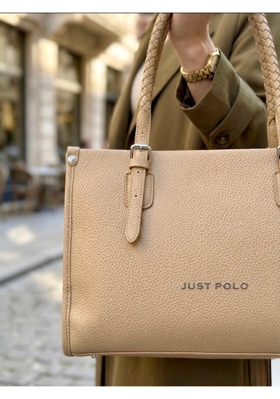 Just Polo Kadın Yeni Sezon Yumuşak Deri Büyük Boy Fermuarlı Lüks Tasarım El Çantası Shopper Vizon 18639853