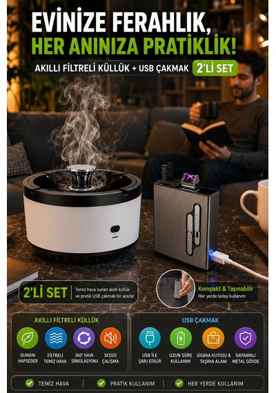 2 Li Set Akıllı Filtreli Küllük & Usb Çakmaklı Sigara Tabakası Şarjlı Metal Tasarım Siyah