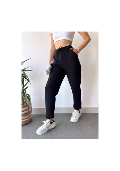 Gugus Trend Kadın Kışlık Kalın İçi Polarlı Yüksek Bel Paçası Lastikli Basic Jogger Eşofman Altı Siyah