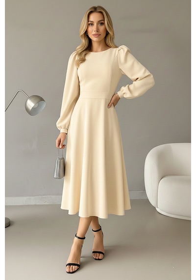 Defymoda Kadın Gün Boyu Rahat Midi Elbise Bej