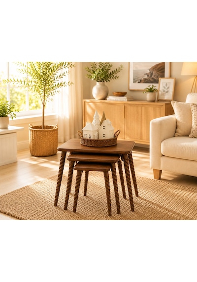 Sammwood Masif Doğal Ahşap Zigon Sehpa 3'lü Set, Modern Masif Yan Sehpa Ceviz