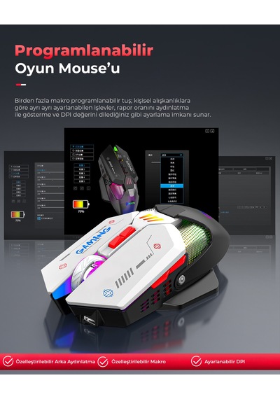 Mkespn W19 Dual Mode Kablosuz Gaming Mouse 10000 Dpı 7 Tuş Makro 1000hz Rgb - Siyah Beyaz