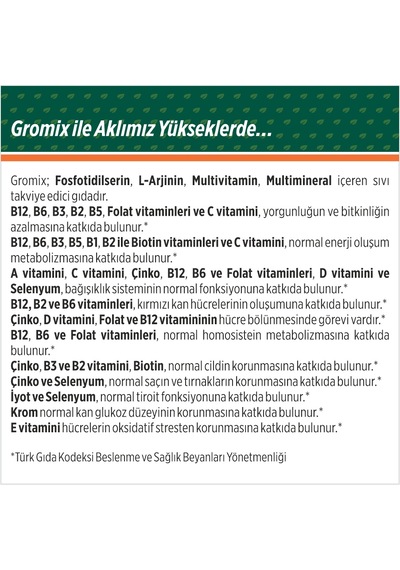 Gromix L-arjinin Fosfotidilserin Multivitamin Şurup 150ml 2 Li Paket