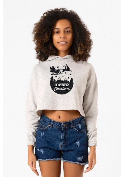 Merry Christmas Sleigh Beyaz Kırçıllı Kadın Crop Kapşonlu 001