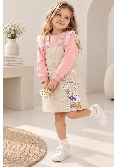 Nota Kids Kız Çocuk Çiçek Baskılı Gabardin Jile Elbise Takımı Dantel Detaylı Sweatshirtlü 2'li Takım Krem