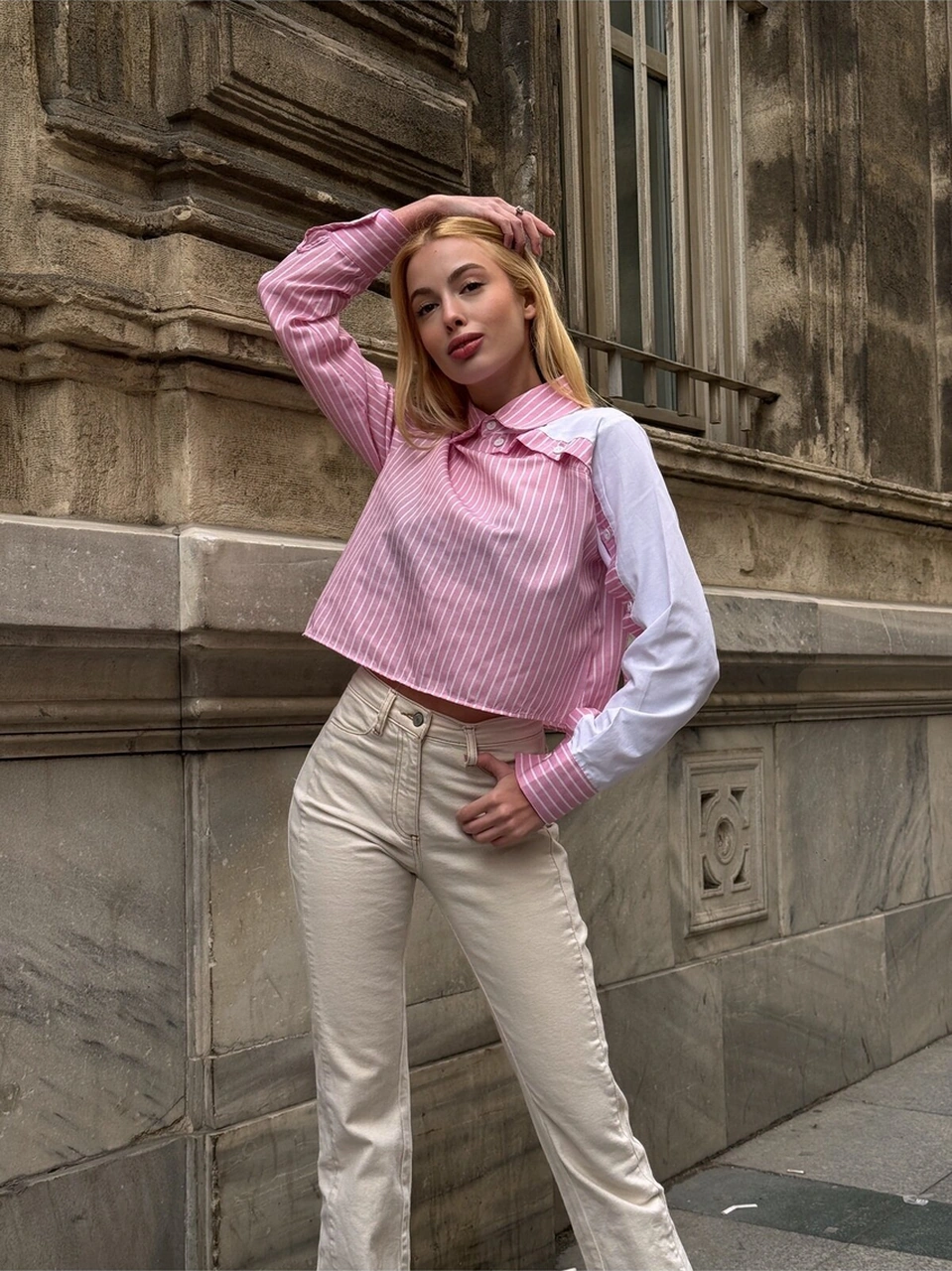 Mamayaga Kadın Özel Tasarım Yaka Kol Düğmeli Çizgi Garnili Crop Boy Tesettüre Uygun Bluz Gömlek Pembe