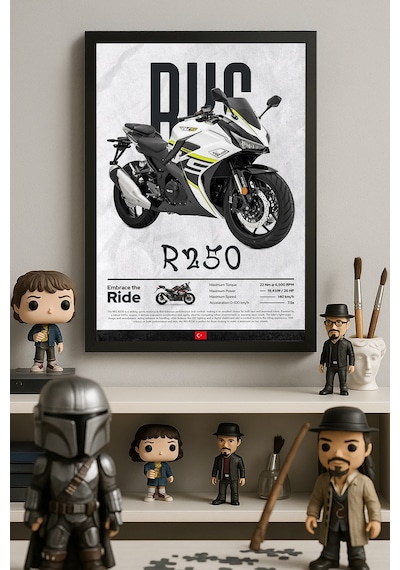 Rks R250 Siyah Ahşap Çerçeveli Poster, Dekoratif Motosiklet Duvar Tablosu