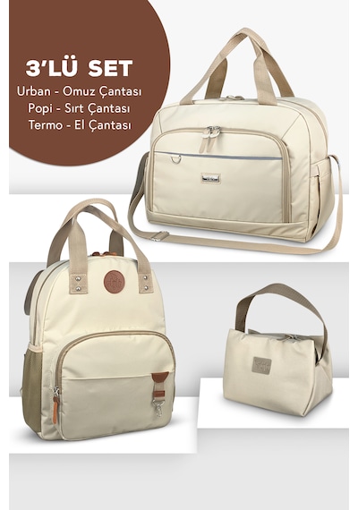 Stylo 3'lü Set Anne Bebek Bakım Sırt Çantası - Urban Anne Bebek Omuz Çantası ve Termos Çanta Bej
