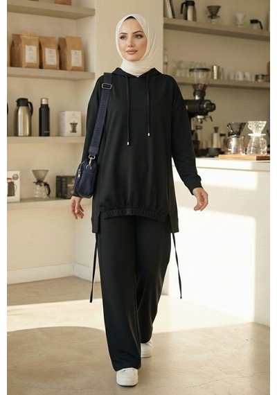 Bestenur Kapüşonlu Tunik Pantolon Takım 1682 - Siyah Siyah