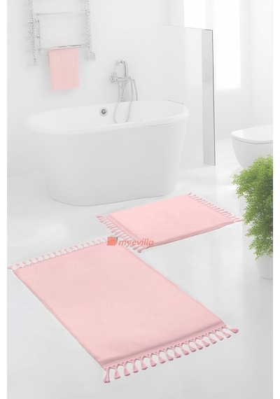 Simirna Ponpon Saçaklı Peluş Yıkanabilir Kaymaz Banyo Paspası 2'li Klozet Takımı Pembe Pembe