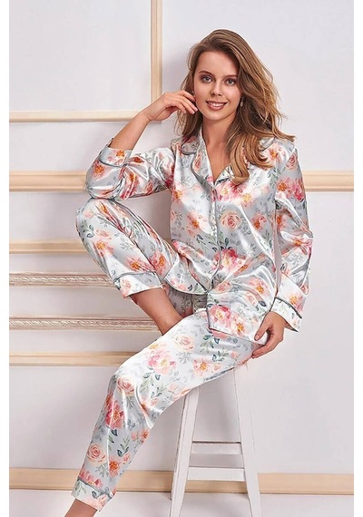 Nurteks Çiçek Desenli Düğmeli Pijama Takımı Mavi 001