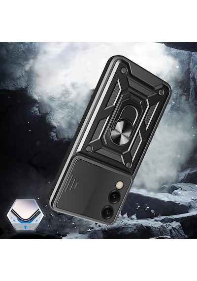 Zore Galaxy Uyumlu S25 Edge Kılıf Magnetik Standlı Kamera Korumalı Ata Sürgülü Vega Kapak - Mavi