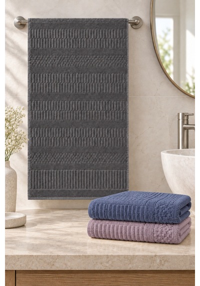 Çizgi Dokulu El Yüz Havlusu 50x90 Cm 3 Lü Set - Deep Lavender Çok Renkli