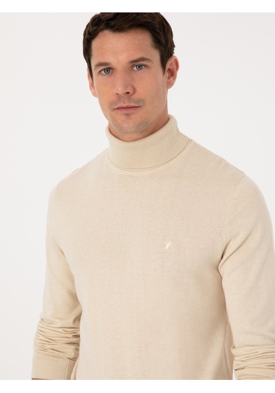 Cacharel Bej Slim Fit Pamuk Karışımlı Balıkçı Yaka Basic Triko Kazak
