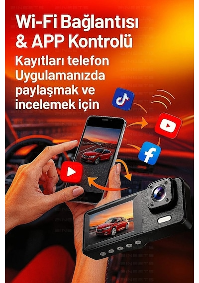 Wifi 1080p Araç İçi 3 Kameralı Lcd Ekranlı Gece Görüşlü , G-sensör , Geri Görüş Kamera