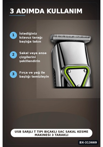 Usb Sarjli T Tipi Bicakli Sac Sakal Kesme Makinesi 3 Tarakli Profesyonel Erkek Traas Bx-313669