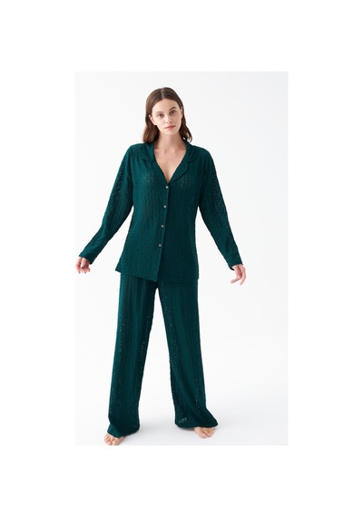 Akbeniz Kadın Zümrüt Yeşili Önden Düğmeli Rahat Kesim Pijama Takımı