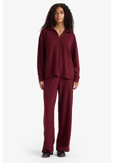 Defacto Relax Fit Polo Yaka Fitilli Kaşkorse Uzun Kollu Tişört F1007ax25aubr115 Bordo