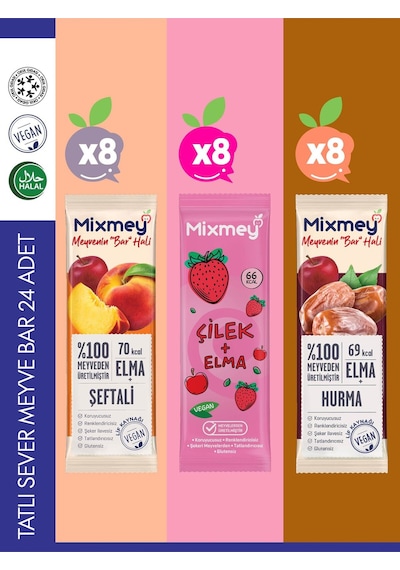 Mixmey Tatlı Sever Meyve Barı – 24 Adet | Atıştırmalıklar – Vegan, Glutensiz (20GR X 24 ADET)