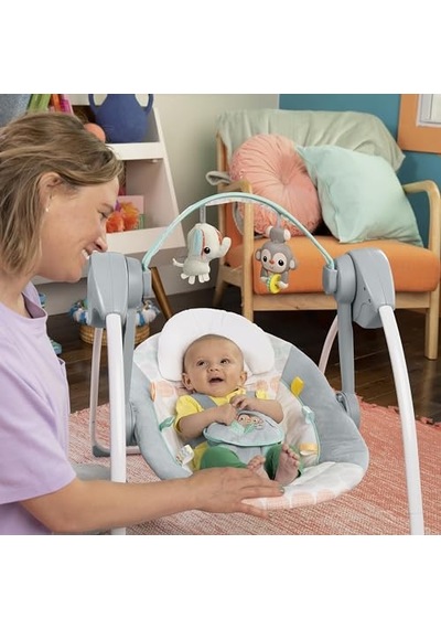 Bright Starts Bebek Salıncağı, Uyarlanabilir Hız, Kumaş Oyuncaklar, Müzik, Çıkarılabilir Oyuncak Barı, 0-9 Ay 3-9 Kg Tuhaf Vahşi İle Portatif Otomatik 6 Vitesli Açık Bej