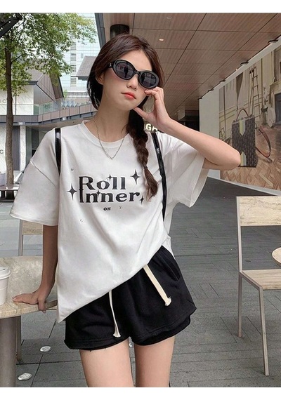 Roll Inner T-shirt - Beyaz Oversize Baskılı Bisiklet Yaka Beyaz