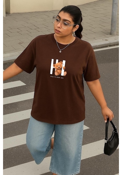 Büyük Beden Ayıcık Baskılı Unisex Tişört Kahverengi