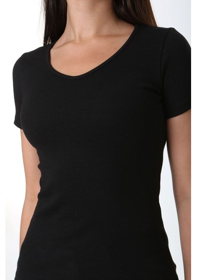 Rooted-kadın Basic V Yaka T-shirt ,fitilli Kaşkorse Kumaş Bluz SIYAH