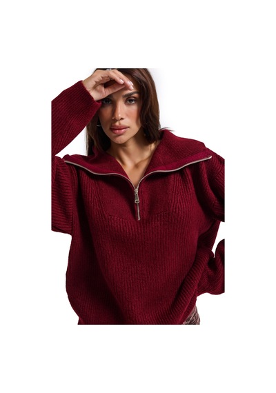 Kadın Bordo W6-35 Oversize Fermuarlı Triko Kazak