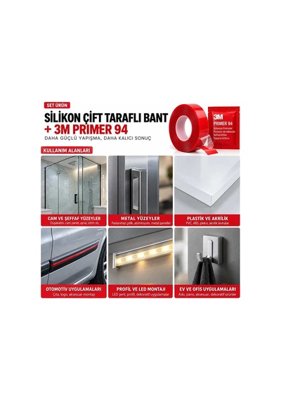 Silikon Çift Taraflı Bant 9mm X 5m + 3m Primer 94 Yapışma Güçlendirici Set Bant Marketim