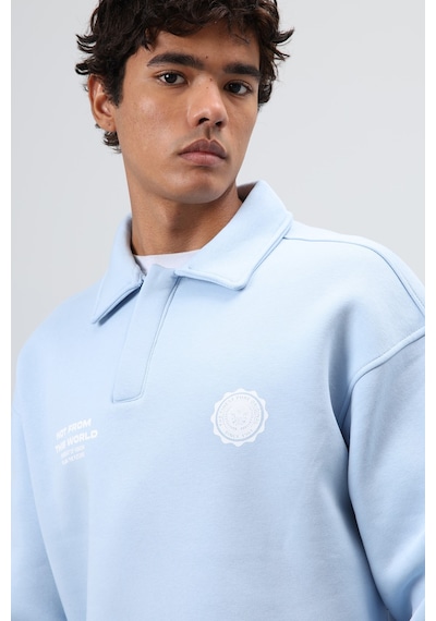 Vamos Polo Yaka Oversize Baskılı Yıkamalı Sweatshirt Bebe Mavi