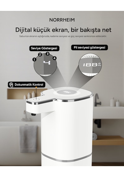 Valen Ir Sensörlü - Lcd Ekranlı - Şarj Edilebilir - 4 Farklı Sabun Seviyeli - Geniş Hazne & Ipx5 Sertifikalı Köpük Sıvı Sabunluk - Beyaz