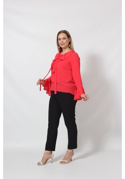 Moda Berray 3241-5 Mercan İspanyol Kol Boyun Bağlama Detaylı Bluz Mercan