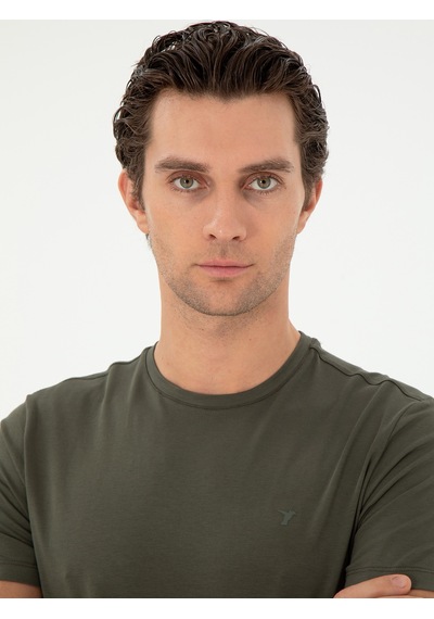 Haki Slim Fit Bisiklet Yaka Merserize Basic T-shirt Yeşil