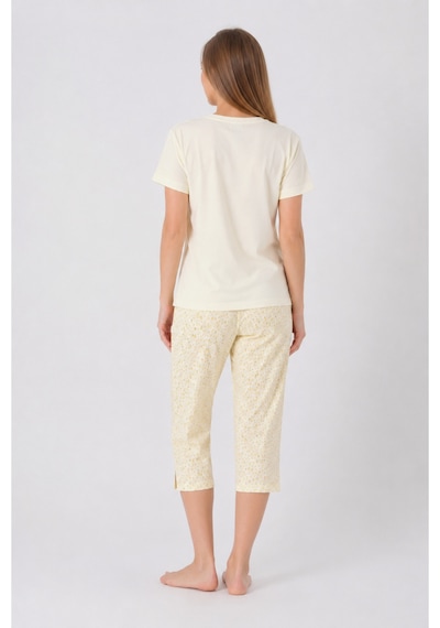 Pijamask Kadın Açık Sarı Limon Baskılı Kapri Pijama Takımı Kısa Kollu Bisiklet Yaka Yazlık Ev Giyim P10-33 Sarı