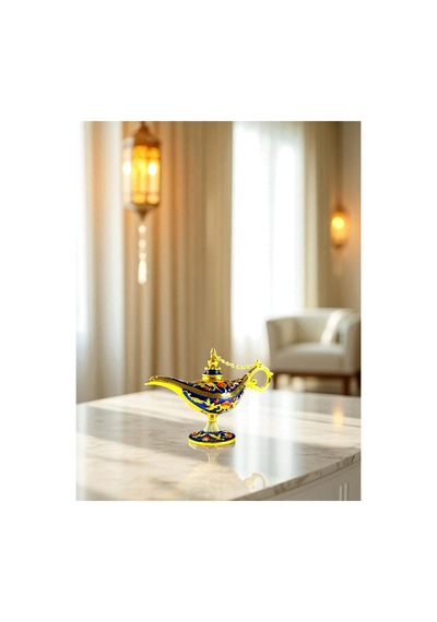 Aladdin Sihirli Lambası Renkli İşlemeli Dekoratif Biblo Alaattin Metal Çelik No:1 - 11x7 CM