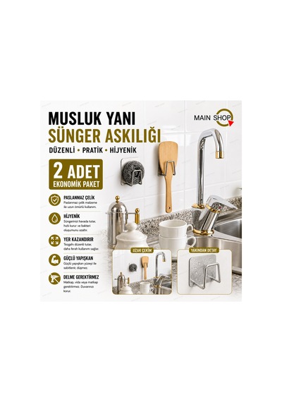 Mainshop 2 Adet Yapışkanlı Paslanmaz Çelik Bulaşık Sünger Tutucu Bulaşık Süngeri Tutacağı Askı M-sng1 Gümüş