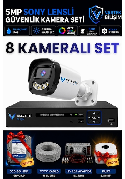 8 Kameralı Full Hd Güvenlik Kamera Seti 500gb Hdd  5mp Gece Renkli Görüşlü - Sabit Ip Gerektirmez