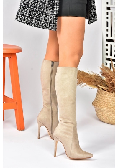 Fox Shoes Bej Süet İnce Topuklu Sivri Burun Kadın Çizme N372530102 Bej