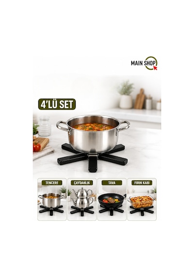Mainshop 4'lü Set Isıya Dayanıklı Katlanabilir Nihale - Pratik Kompakt Tencere Altlığı M-021 Siyah
