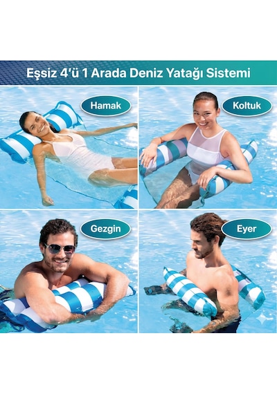 Hava Yastıklı Fileli Şişme Havuz Koltuğu 4'ü 1 Arada Deniz Ve Havuz Yatağı Mavi