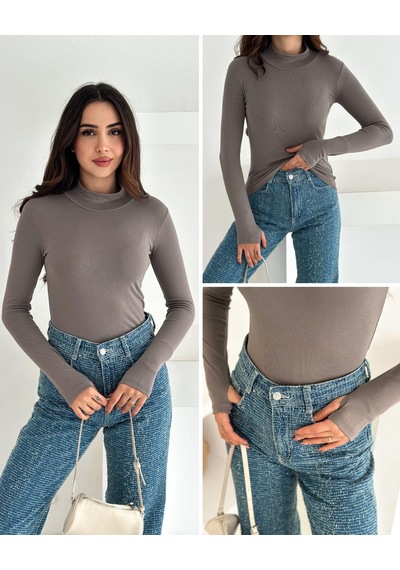 Kadın Yarım Balıkçı Yaka Parmak Geçmeli Full Likralı Buzz Body Vizon