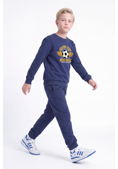 Fyk Kids 3 İplik Baskılı Erkek Çocuk Çift Cepli Bisiklet Yaka 2'li Eşofman Takımı 4 Parça Lacivert-siyah