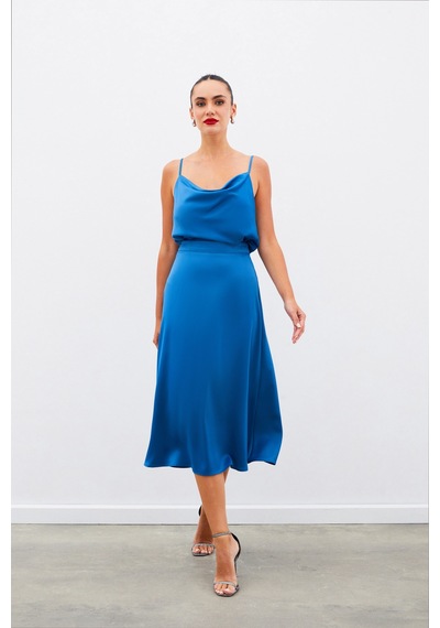 Sateen Midi Boy Saten Etek - İndigo-134963 İndigo