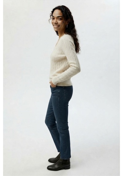 Youknitwear You Rio V Yaka %100 Pamukkadın Kazak Ekru