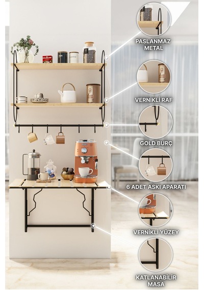 Modern Kahve Köşesi Çok Amaçlı Mutfak Dolapları 3lü Set Lüks Katlanır Mutfak Masası Düzenleyici