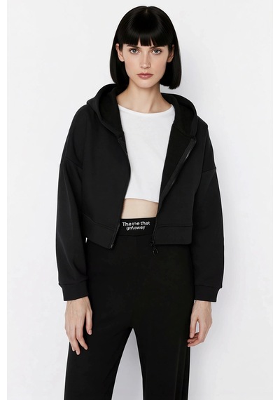 Benerly Kadın Kapüşonlu Fermuarlı Düşük Kol Örme Sweatshirt Fonksiyonel D siyah