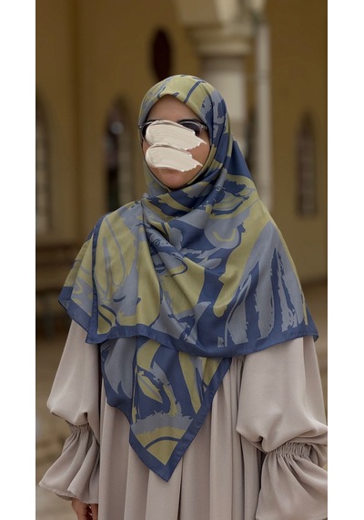 Qalortex Scarf Pamuklu Soft Âmine Desen Eşarp-limon/indigo