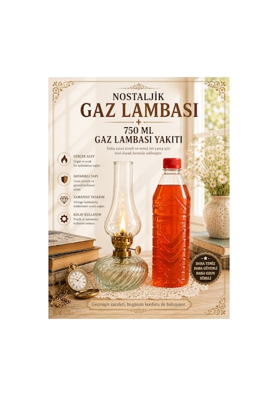 Nostaljik Vintage Gaz Lambası Ve 750 Ml Gaz Lambası Yakıtı Seti Dekoratif Aydınlatma Ve Kamp Lambası